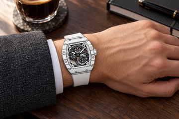 BONEST GATTI BG9004 tonneau skeleton watch shown on a wrist in a warm desk setting