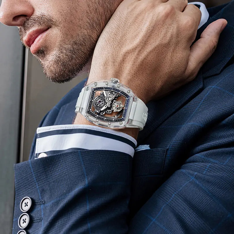 BG7001 K9 Crystal Tonneau Skeleton Tourbillon Watch