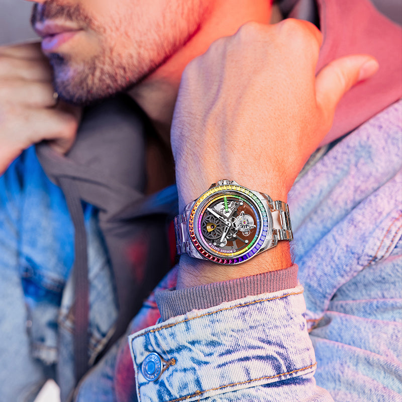 BG7002 Rainbow Bezel Skeleton Tourbillon Automatic Watch