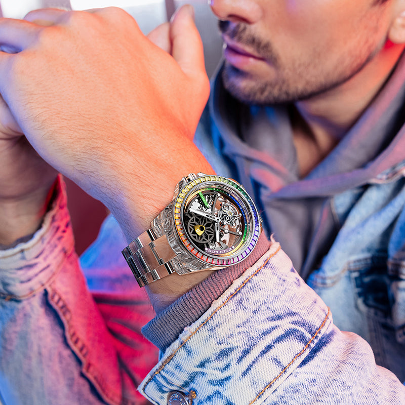 BG7002 Rainbow Bezel Skeleton Tourbillon Automatic Watch