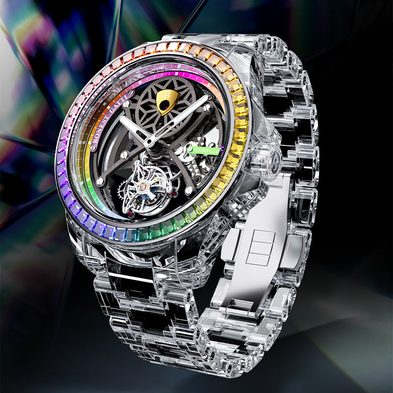 BG7002 Rainbow Bezel Skeleton Tourbillon Automatic Watch