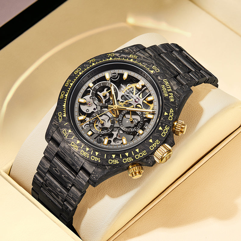 BONEST GATTI BG9014-C2 Obsidian Gold carbon fiber watch angled front view