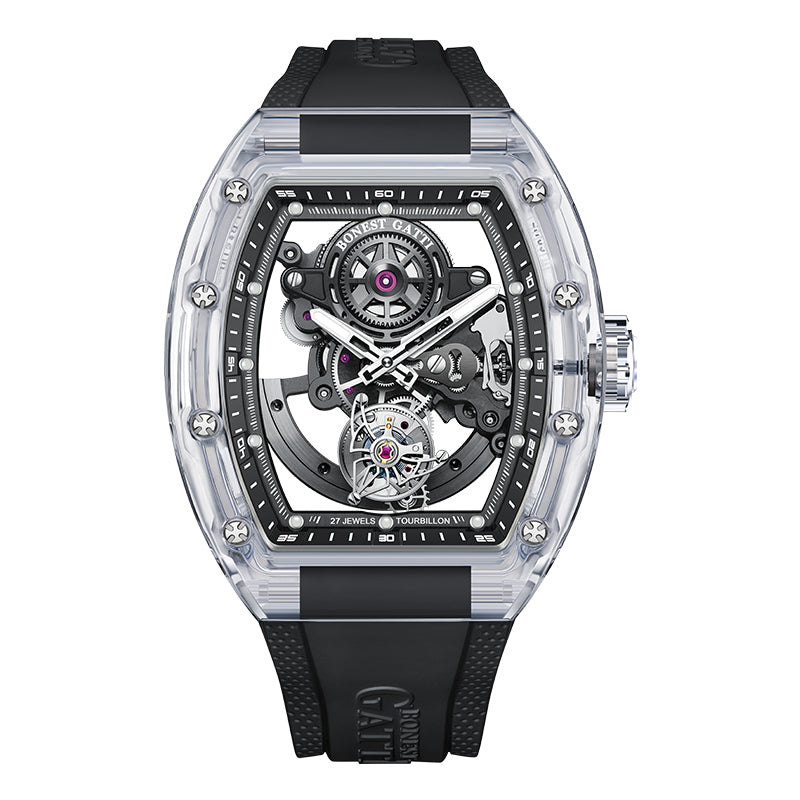 BG7001 K9 Crystal Tonneau Skeleton Tourbillon Watch