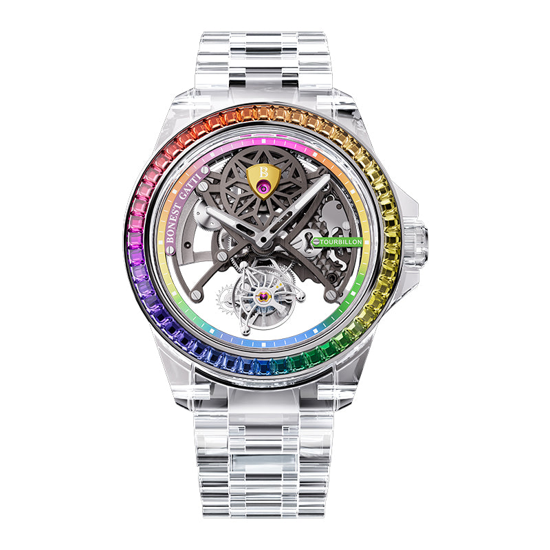 BG7002 Rainbow Bezel Skeleton Tourbillon Automatic Watch
