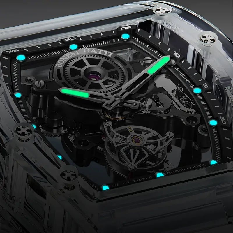 BG7001 K9 Crystal Tonneau Skeleton Tourbillon Watch