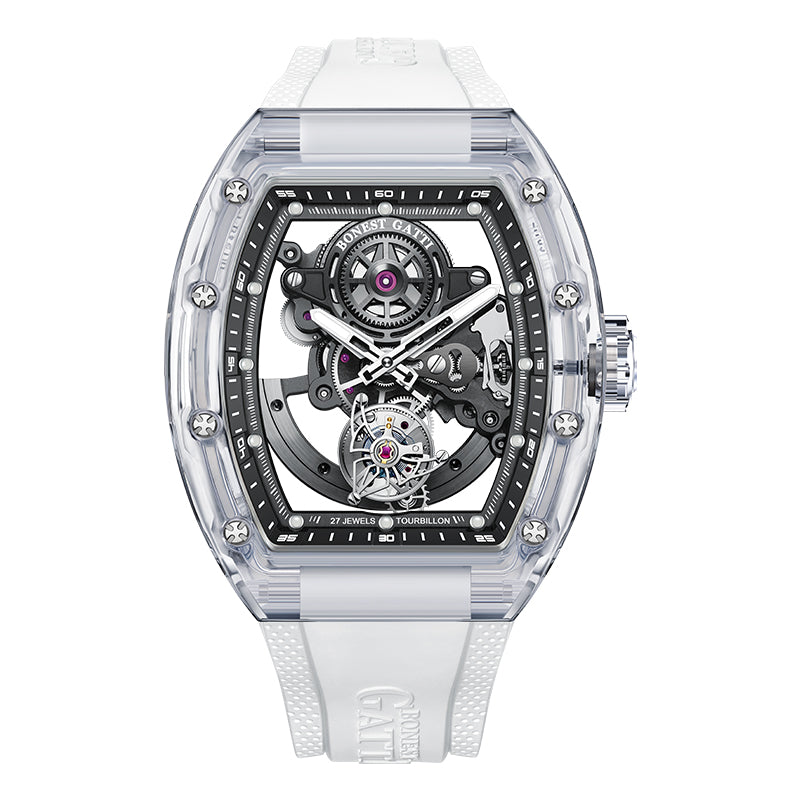 BG7001 K9 Crystal Tonneau Skeleton Tourbillon Watch