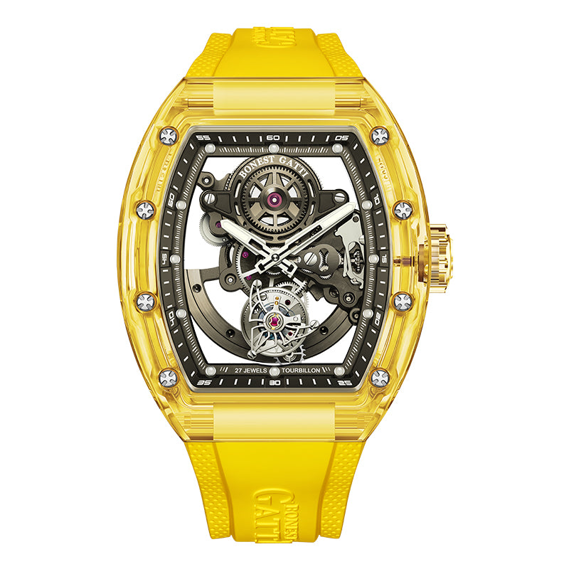 BG7001 K9 Crystal Tonneau Skeleton Tourbillon Watch