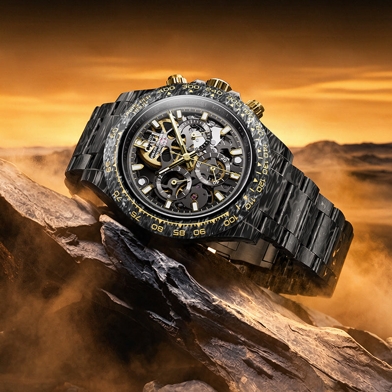 BONEST GATTI BG9014 Obsidian Gold skeleton chronograph in outdoor setting