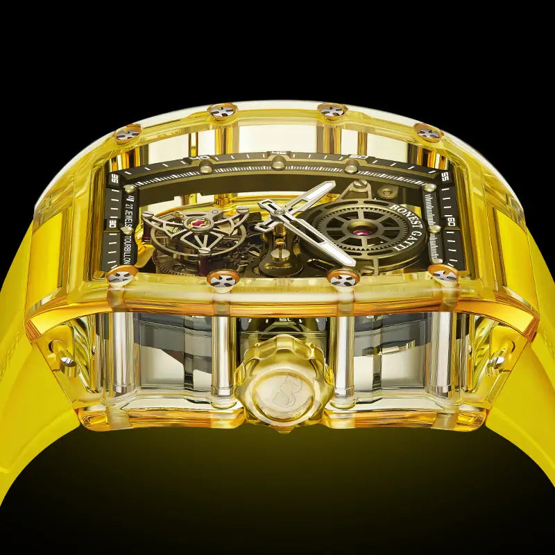 BG7001 K9 Crystal Tonneau Skeleton Tourbillon Watch