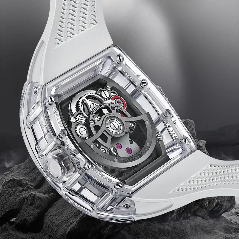 BG7001 K9 Crystal Tonneau Skeleton Tourbillon Watch