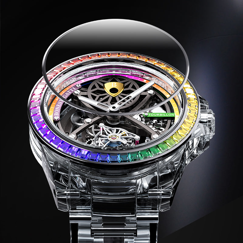 BG7002 Rainbow Bezel Skeleton Tourbillon Automatic Watch