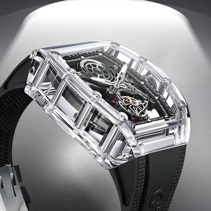 BG7001 K9 Crystal Tonneau Skeleton Tourbillon Watch