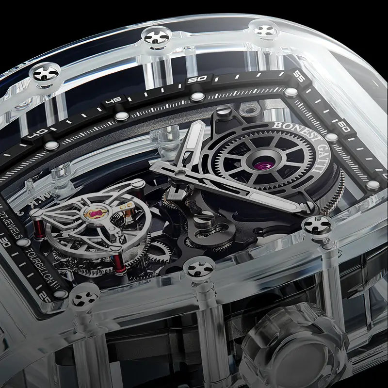 BG7001 K9 Crystal Tonneau Skeleton Tourbillon Watch
