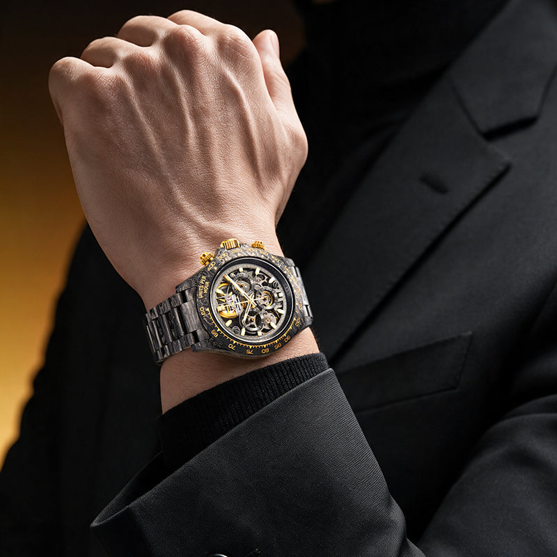BONEST GATTI BG9014 Obsidian Gold watch worn with black suit