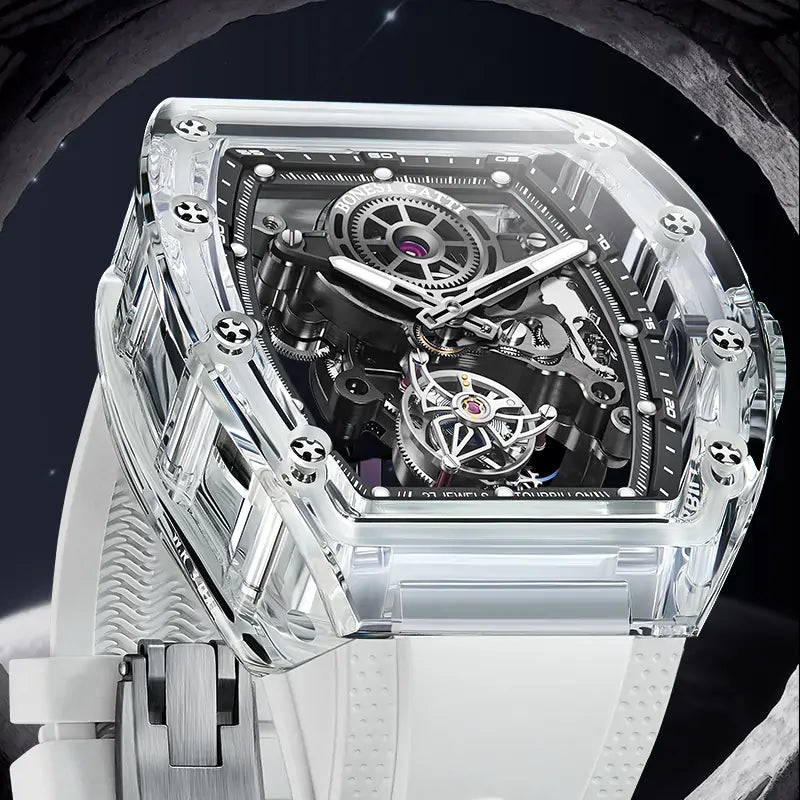 BG7001 K9 Crystal Tonneau Skeleton Tourbillon Watch
