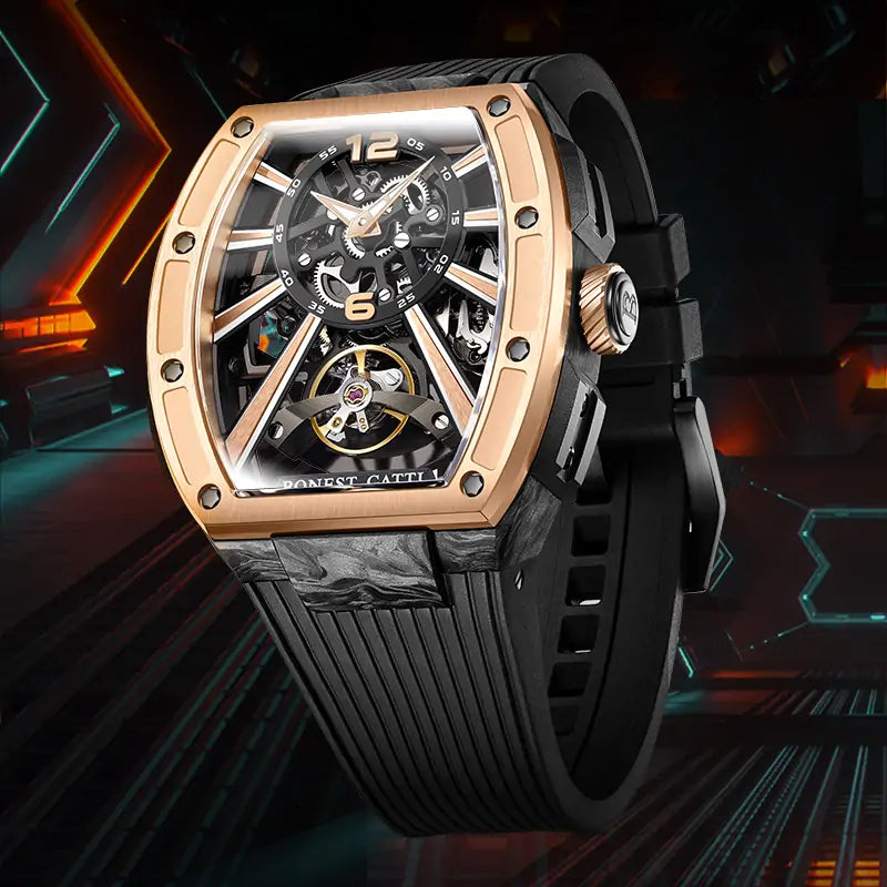 BG9005 Carbon Fiber Tonneau Skeleton Automatic Watch