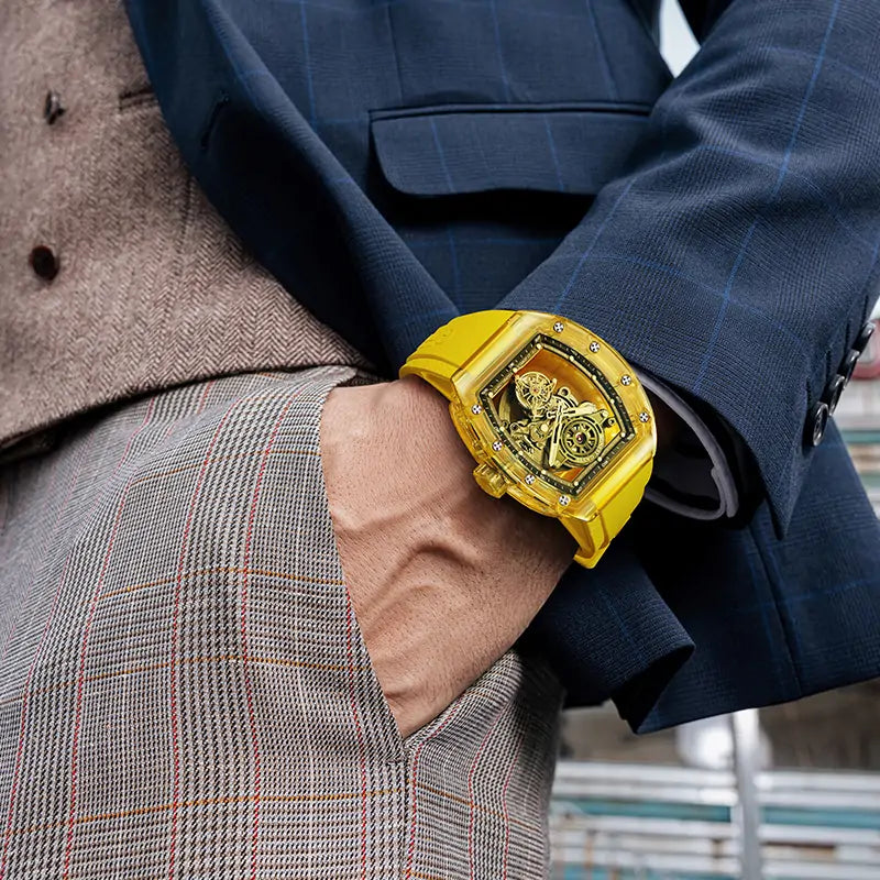 BG7001 K9 Crystal Tonneau Skeleton Tourbillon Watch