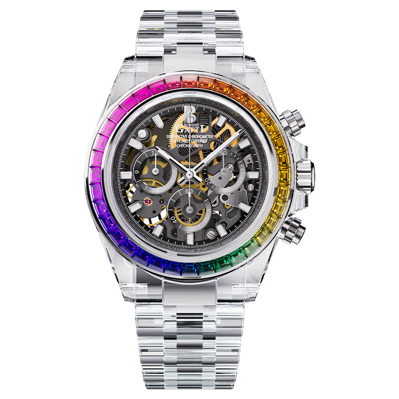 BG6009 Transparent Crystal Rainbow Bezel Skeleton Chronograph