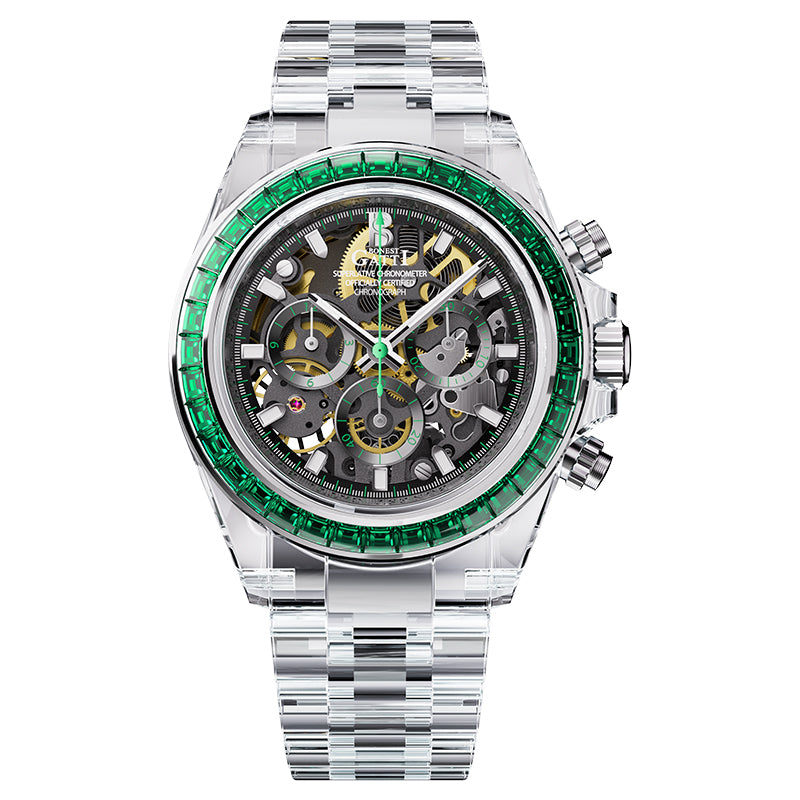 BG6009 Transparent Crystal Rainbow Bezel Skeleton Chronograph
