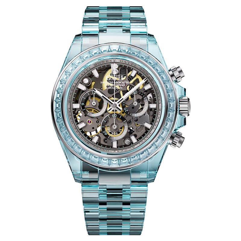 BG6009 Transparent Crystal Rainbow Bezel Skeleton Chronograph