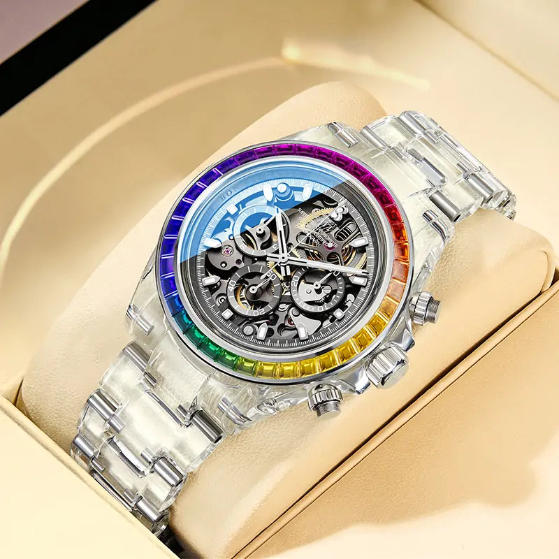 BG6009 Transparent Crystal Rainbow Bezel Skeleton Chronograph