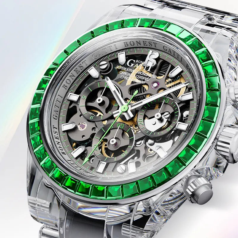 BG6009 Transparent Crystal Rainbow Bezel Skeleton Chronograph