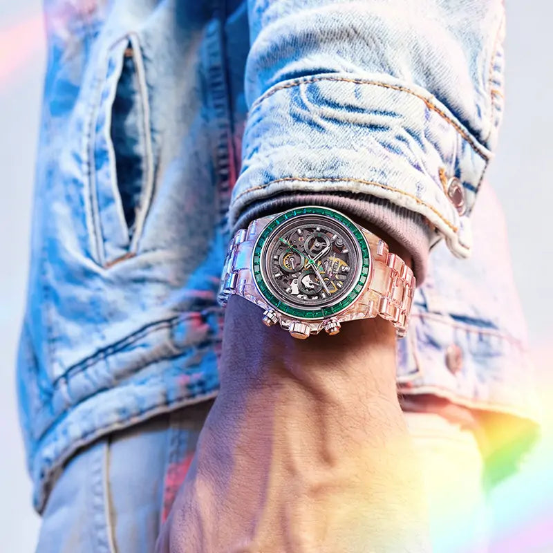 BG6009 Transparent Crystal Rainbow Bezel Skeleton Chronograph