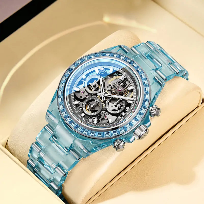 BG6009 Transparent Crystal Rainbow Bezel Skeleton Chronograph