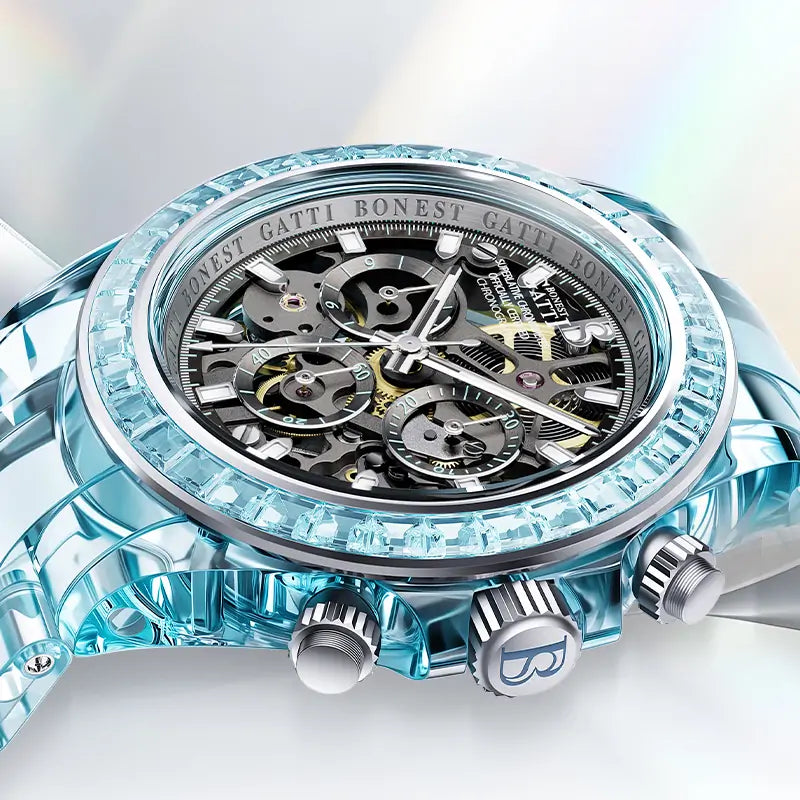 BG6009 Transparent Crystal Rainbow Bezel Skeleton Chronograph