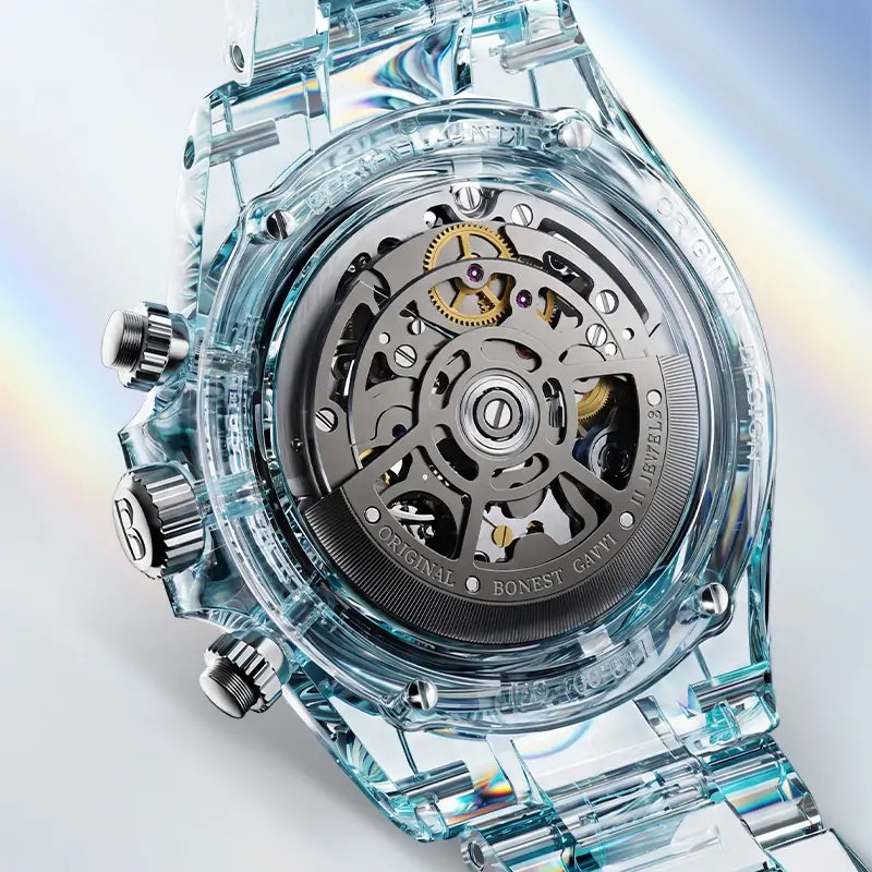 BG6009 Transparent Crystal Rainbow Bezel Skeleton Chronograph