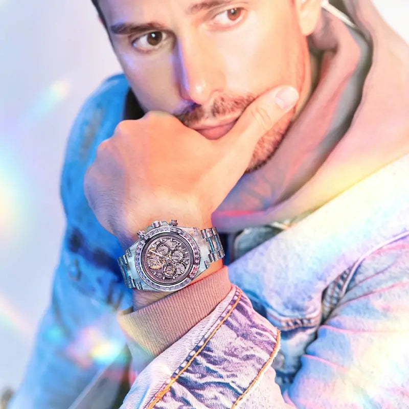 BG6009 Transparent Crystal Rainbow Bezel Skeleton Chronograph