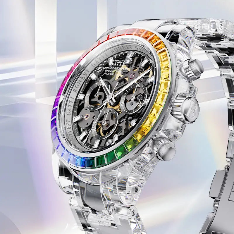 BG6009 Transparent Crystal Rainbow Bezel Skeleton Chronograph