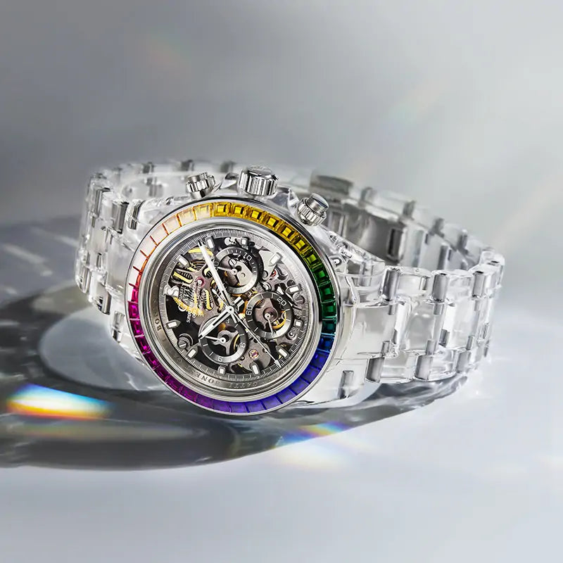 BG6009 Transparent Crystal Rainbow Bezel Skeleton Chronograph