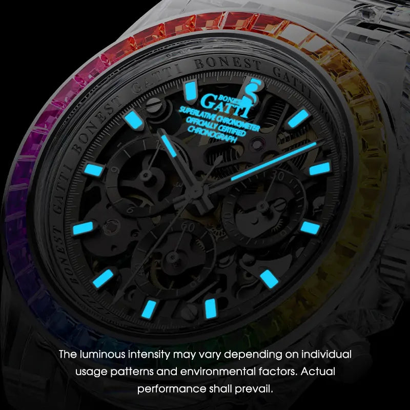 BG6009 Transparent Crystal Rainbow Bezel Skeleton Chronograph