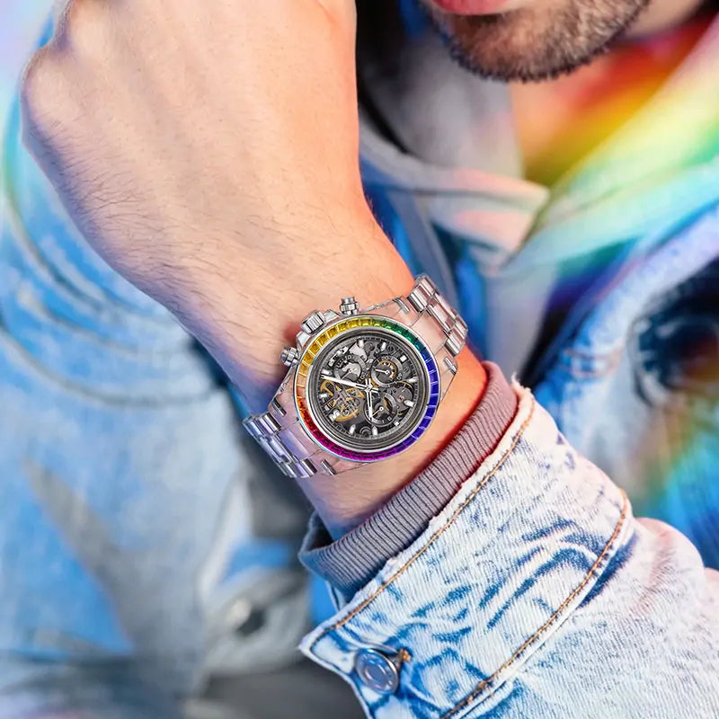 BG6009 Transparent Crystal Rainbow Bezel Skeleton Chronograph