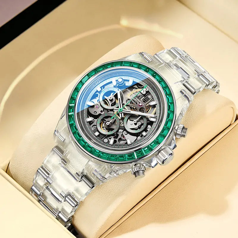 BG6009 Transparent Crystal Rainbow Bezel Skeleton Chronograph