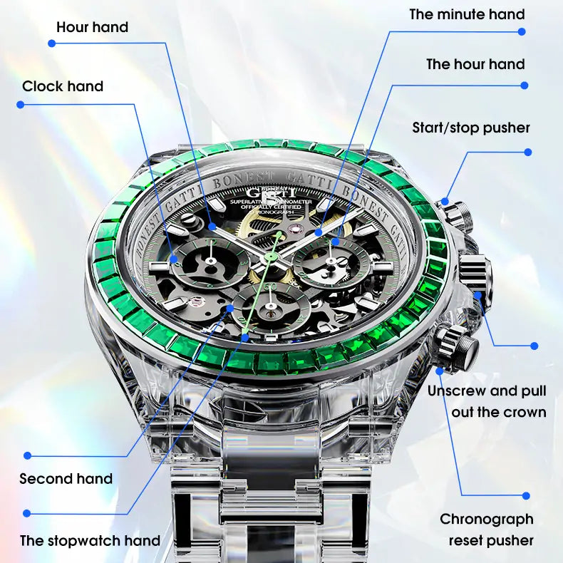 BG6009 Transparent Crystal Rainbow Bezel Skeleton Chronograph