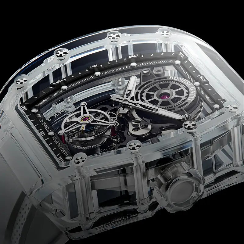 BG7001 transparent tourbillon watch side profile with crystal case