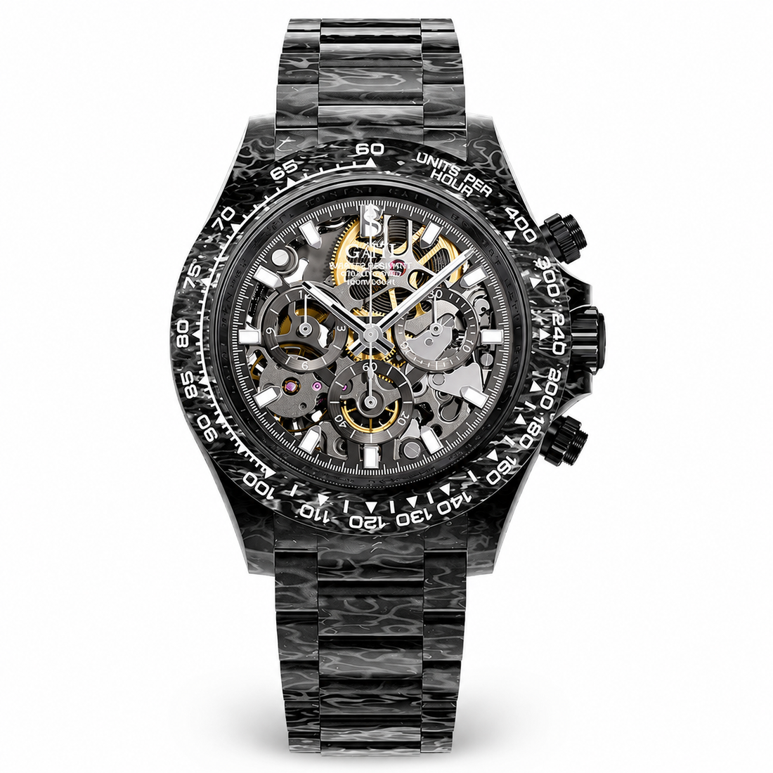 BONEST GATTI BG9014-C1 Silver Vein carbon fiber skeleton chronograph front view on white