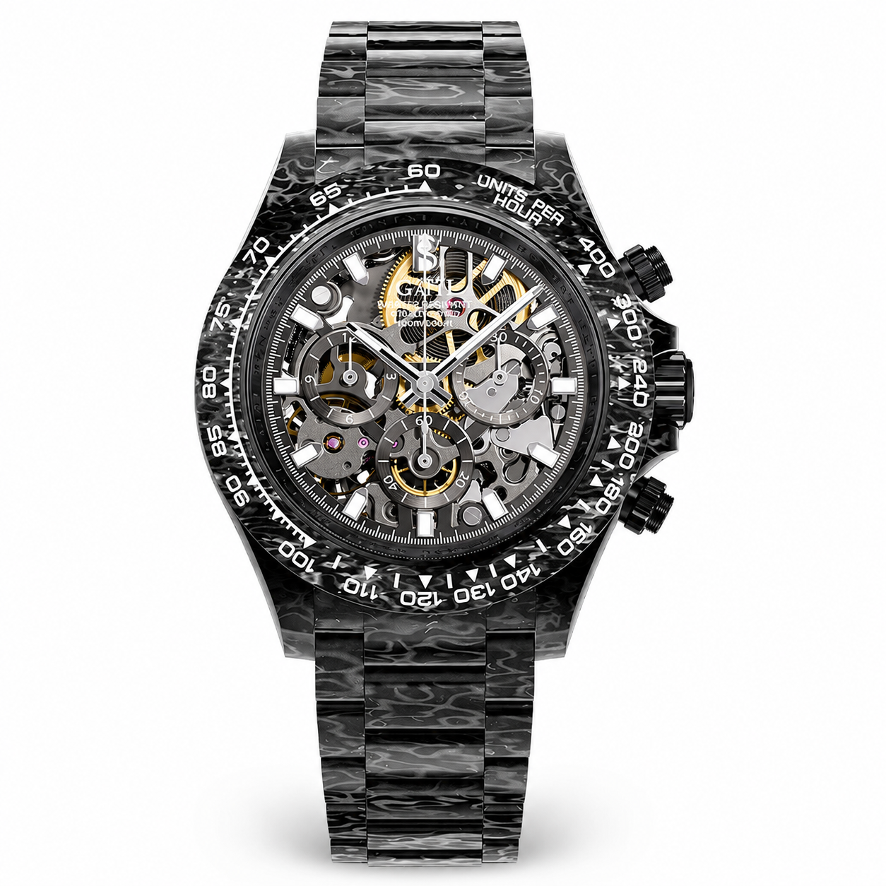 BONEST GATTI BG9014-C1 Silver Vein carbon fiber skeleton chronograph front view on white