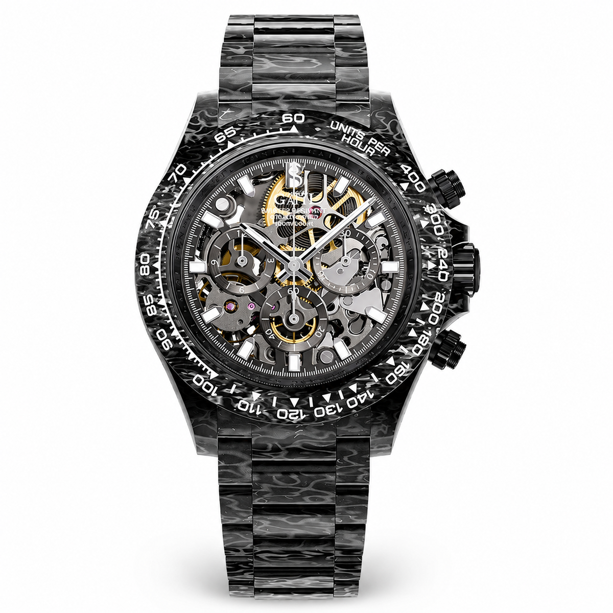 BONEST GATTI BG9014-C1 Silver Vein carbon fiber skeleton chronograph front view on white