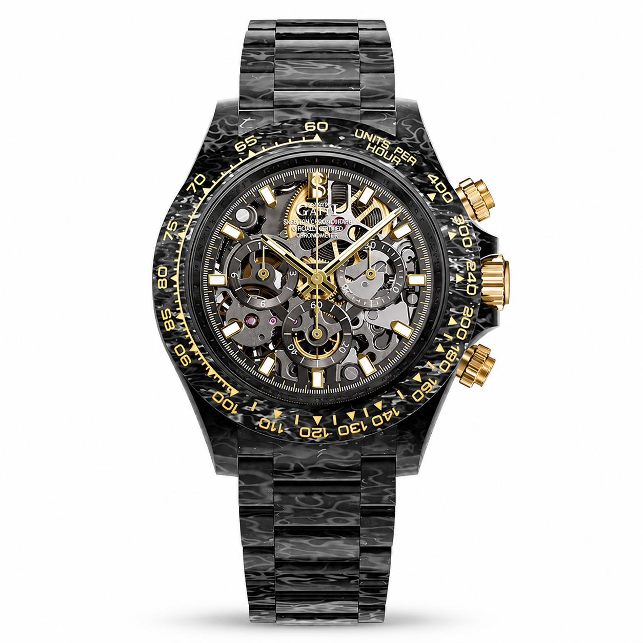 BONEST GATTI BG9014-C2 Obsidian Gold carbon fiber skeleton chronograph front view on white