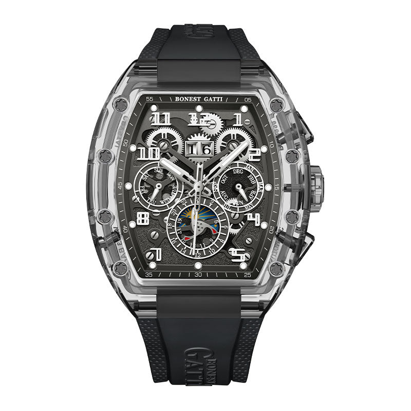 BG9920 black K9 crystal skeleton tonneau watch front view