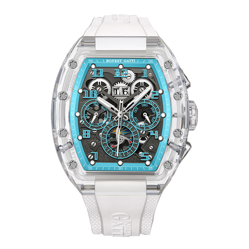 BG9920 blue K9 crystal skeleton tonneau watch front view