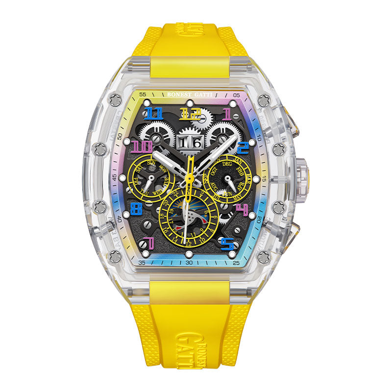 BG9920 yellow K9 crystal skeleton watch front view