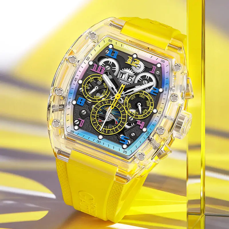 BG9920 yellow K9 crystal skeleton watch front view