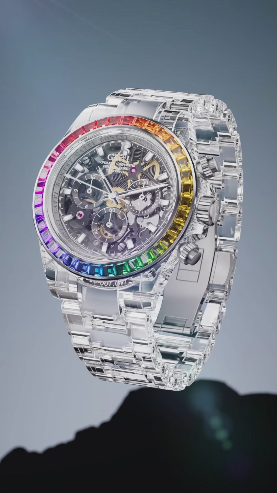 BG6009 Transparent Crystal Rainbow Bezel Skeleton Chronograph