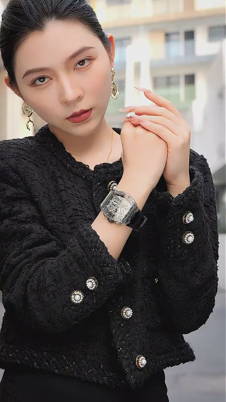 BG9920 black K9 crystal skeleton watch rotating display video