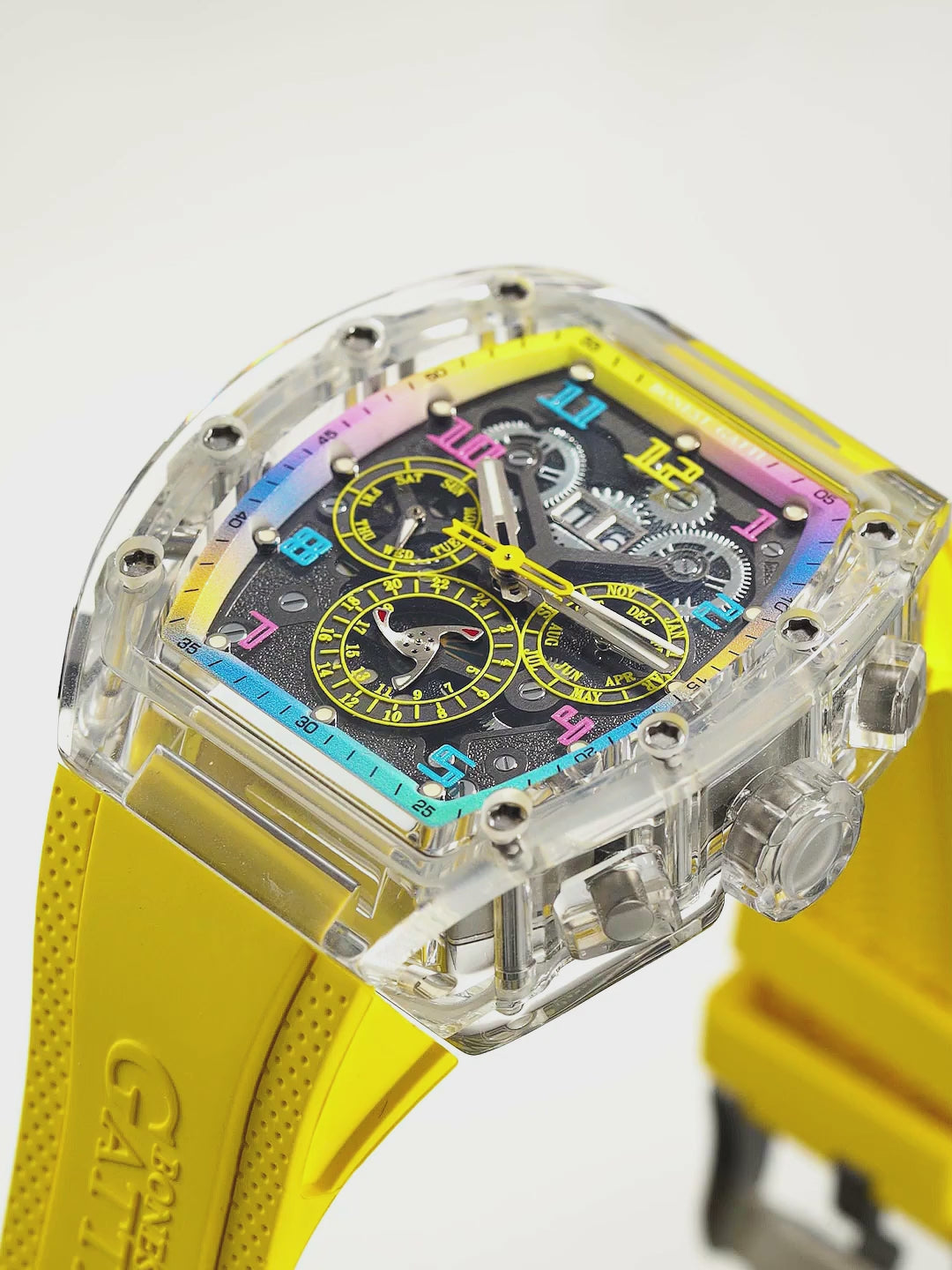 BG9920 K9 crystal skeleton watch rotating display video