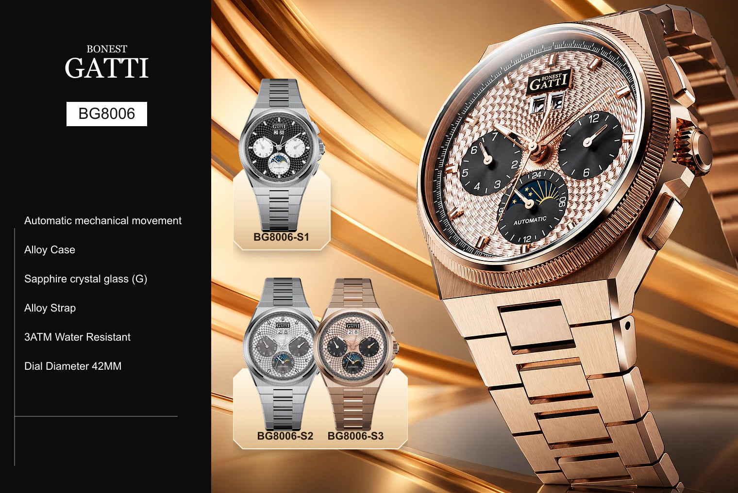 BONEST GATTI BG8006 watch, specifications and available colors